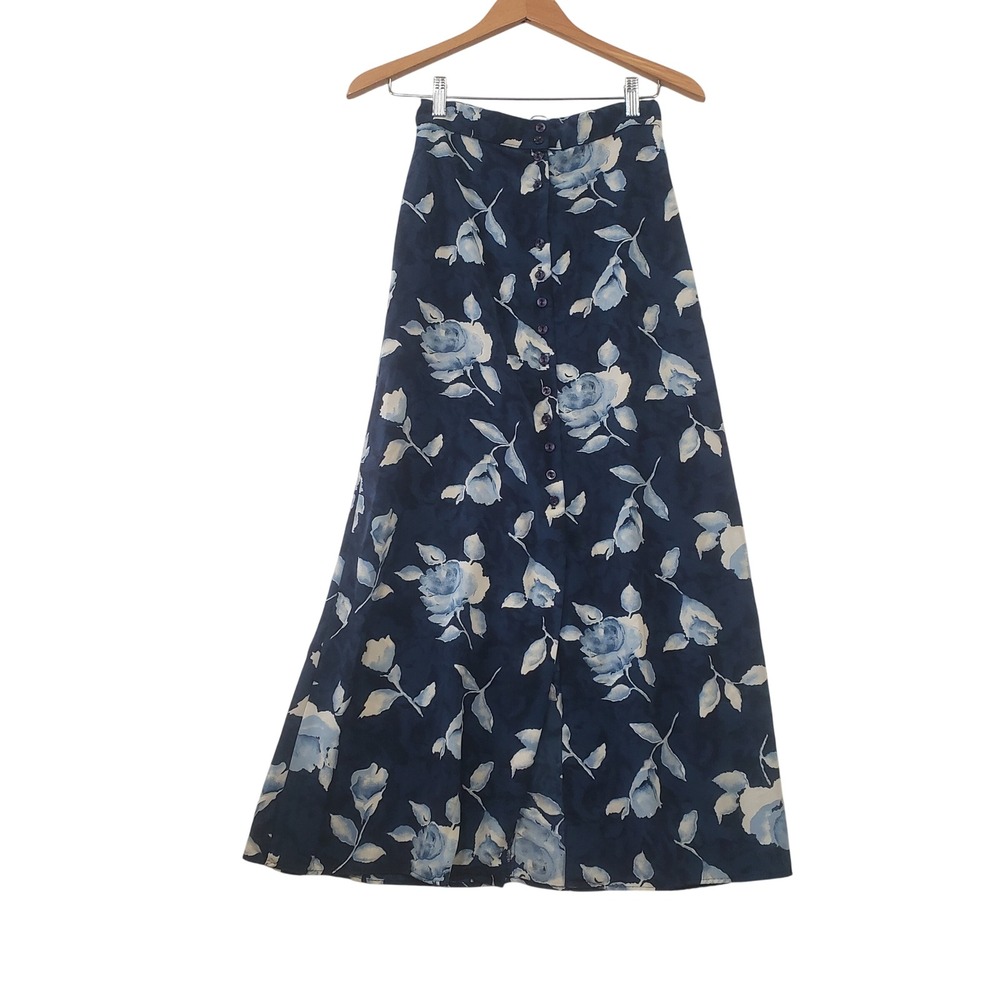 Vintage Maxi Skirt Women Small Navy Blue Floral Button Front Vintage 90s Grunge